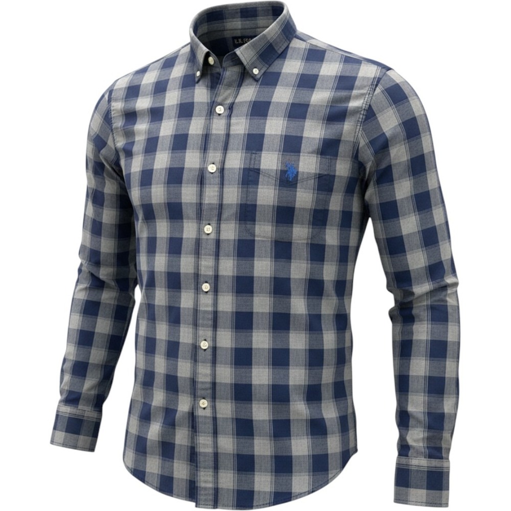 US Polo Assn Mens XL Long Sleeve Plaid Button Down Shirt Navy Grey Check